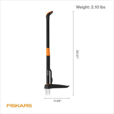 Stand-Up Weed Puller Tool with 4 Serrated Claws, Reinforced Foot Platform, 39 Inch Reach, Easy Eject pictured with dimensions
