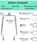 Lamp Shade Harp Holder Kit For 7 To 10 Inch Lamps With Three Eighths UNO Fitter, E14 E26 E27 Converters displayed components