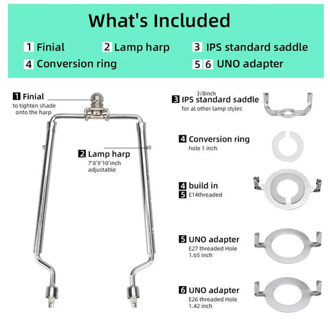 Lamp Shade Harp Holder Kit For 7 To 10 Inch Lamps With Three Eighths UNO Fitter, E14 E26 E27 Converters displayed components