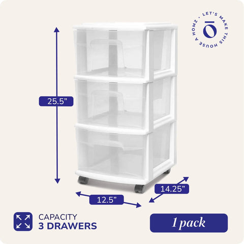 Three Tier Rolling Storage Cart With Removable Wheels In White Frame, Clear Bin Drawers, dimensions labeled.