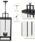 Large Twenty Five Inch Outdoor Pendant Light With Clear Glass And Sturdy Metal Build hanging from a ceiling with a black aluminum frame.