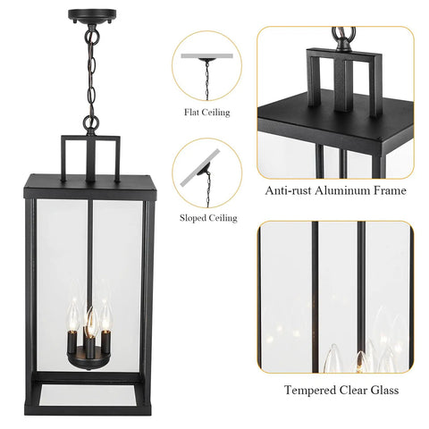 Large Twenty Five Inch Outdoor Pendant Light With Clear Glass And Sturdy Metal Build hanging from a ceiling with a black aluminum frame.