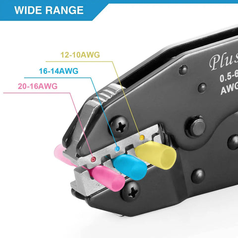 Close-up of Ratcheting Crimping Tool For Heat Shrink Connectors AWG 22-10 with color-coded dies for quick identification.