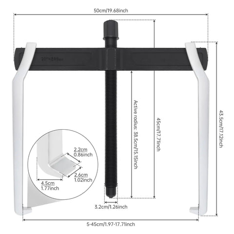 Heavy Duty 20 Inch Two Jaw Gear Puller Badass Chrome Vanadium Bearing Extractor dimensions and adjustable arm details.