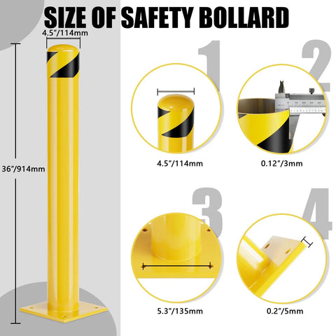 Heavy Duty Steel Safety Bollard Posts 36 Inches Tall 4.5 Inch Diameter Yellow Powder Coated dimensions and features.