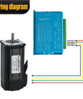 57HS112mm NEMA 23 closed-loop stepper motor with blue HBS57H hybrid servo driver and wiring diagram (front view)