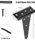 Heavy Duty 6 Inch T Strap Gate Hinges For Shed Doors And Wooden Fences Black Powder Coated 2 Pack with screw and measurements