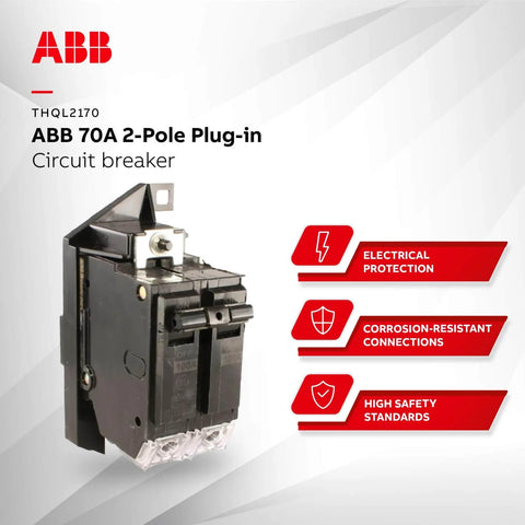 ABB 70A 2-Pole Plug-in Circuit Breaker with high safety standards, corrosion-resistant connections, and electrical protection.