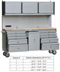Two Pack 72 Inch High Rolling Tool Chest With 11 Spacious Drawers And 3 Secured Cabinets For Garage, stainless steel design.