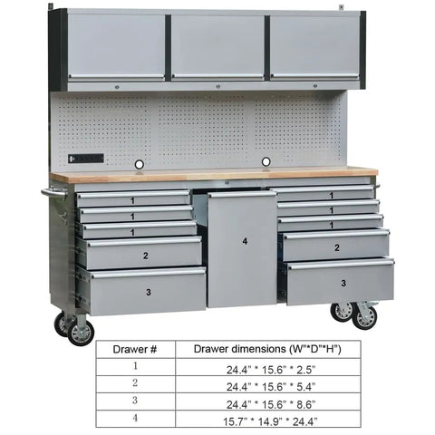 Dang Tough Rolling Tool Chest In A 2 Pack With 11 Drawers And 3 Lockable Cabinets Slick Stainless Steel Shop Rig With Deep Wooden Worktop, showcasing multiple drawers.