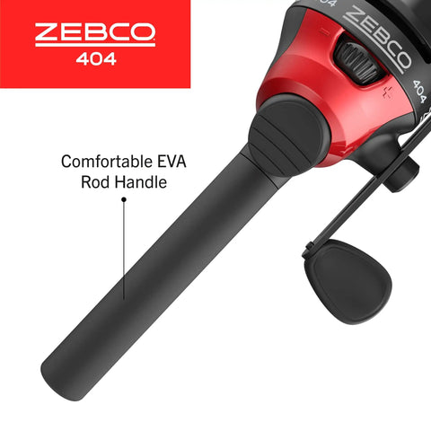 Close-up of black and red spincast reel handle from Spincast Reel And Rod Combo With A 6 Foot Two Piece Rod Size 40 Reel Right Hand Retrieve Pre Spooled With 15 Pound Line No Tangle Push Button Easy To Use Beginner Friendly Black And Red, showing EVA rod handle.