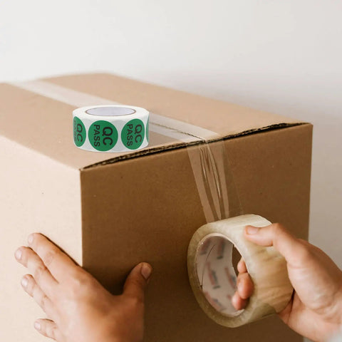 Quality Control Round Labels Pack 500 Self Adhesive QC Pass Stickers With Coated Backing For Product Inspection And Warehouse Inventory on box