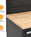Close-up of Beefy 61 Inch Tool Cabinet With Wheels 10 Drawers Rolling Tool Chest Heavy Duty Storage Workbench With Power Strip Solid Wood Top 1675 Lbs Capacity Mobile Tool Box For Garage And Shop showing solid wood top and corner