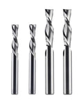 Solid Carbide Two Flute Spiral Down Cut Router Bit End Mill displayed in four sizes with a shiny metal finish for wood projects.