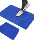 Sticky Adhesive Mats For Shoes And Equipment Wheels 24 By 36 Inch Heavy Duty Floor Mats Pack Of 150 Sheets Blue Great For Labs Homes Construction Sites And More Dust And Dirt Removal, blue LDPE mat with shoes and stacked sheets