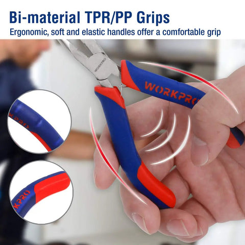 Close-up of ergonomic grips on 6 Piece Mini Pliers Set For Quick DIY Fixes And Electronics Repair With Needle Nose, Diagonal, Long Nose.