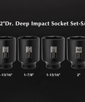 Half Inch Drive Deep Six Point Impact Socket Set For Metric Axle Nuts, CR-MO Steel With Black Phosphate Finish, shown in four SAE sizes.