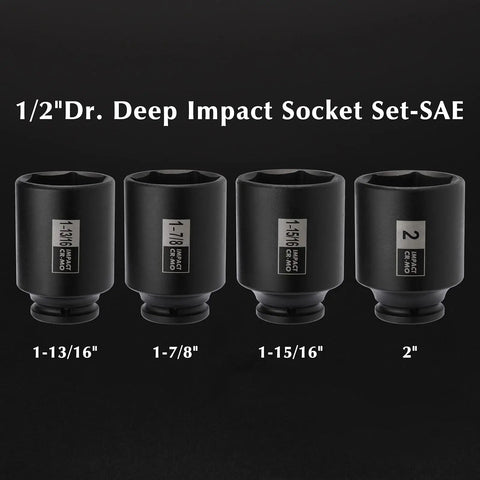 Half Inch Drive Deep Six Point Impact Socket Set For Metric Axle Nuts, CR-MO Steel With Black Phosphate Finish, shown in four SAE sizes.