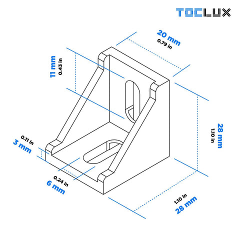 Diagram of a bracket from Durable Black Anodized 20 Set Corner Bracket Pro Kit For 2020 And 2040 Aluminum Extrusion, showing dimensions