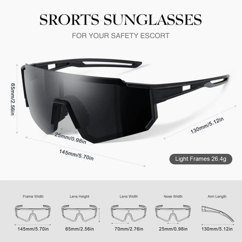 Polarized Sport Sunglasses for Men and Women with lightweight TR90 frames and UV400 protection shown with dimensions