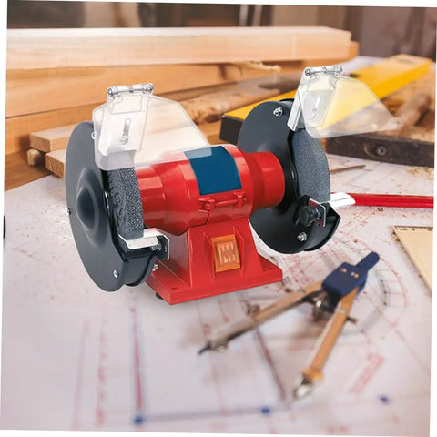Stainless Steel Bench Eye Shield Kit For 8 Inch Bench Grinders, showing attached guard shields on a red grinder in a workshop.