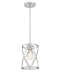 Isadora One Light Mini Pendant in brushed nickel finish with lattice weave cage for indoor lighting, sloped ceiling ready