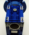 Worm gear speed reducer, blue housing, front four-bolt flange, central shaft opening.