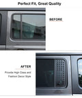 US Flag Aluminum Alloy Rear Door Window Decal Kit installed on Jeep Wrangler JL 4 Door, showing before and after effect