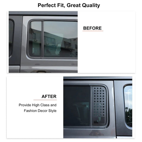 US Flag Aluminum Alloy Rear Door Window Decal Kit installed on Jeep Wrangler JL 4 Door, showing before and after effect