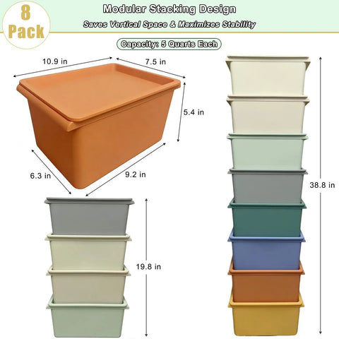 8 Pack Stackable Storage Bins With Lids 5 Quart Plastic Toy And Craft Organizer Boxes Colorful Containers stacked and single view