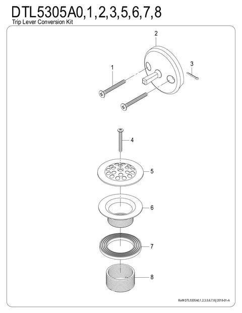 Exploded view of components for Grid Tub Drain Kit In Brushed Brass With Universal Fit, Easy Install, showing strainer and lever.