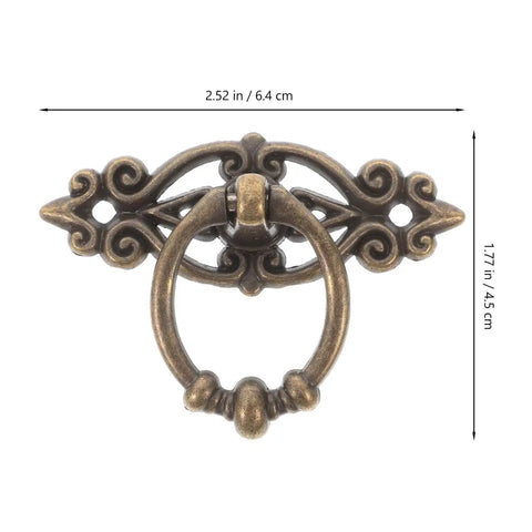Front view of Six Piece Vintage Bronze Bail Drawer Pulls For Dresser Cabinet Jewelry Box And Furniture Antique Round Knob Hardware Retro Vibe Durable Zinc Alloy Construction Classic Decorative Pull Handles.