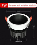 7W recessed split anti-glare spotlight with 85mm diameter, 3.3 inch trim, designed for easy ceiling installation.
