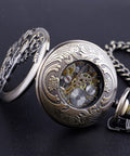 Dope Vintage Mechanical Steampunk Skeleton Pocket Watch With Carved Pattern Roman Numerals Hand Winding Movement Classic Hollow Case Chain And Box Included Distinctive Style For Everyday Wear