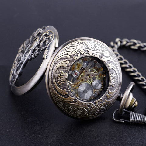Dope Vintage Mechanical Steampunk Skeleton Pocket Watch With Carved Pattern Roman Numerals Hand Winding Movement Classic Hollow Case Chain And Box Included Distinctive Style For Everyday Wear