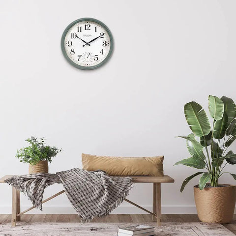 Cool Outdoor And Indoor Weather Station Clock With Thermometer Fahrenheit And Celsius Analog Two In One Wall Decor In Aged Teal Finish 13 Inch Perfect For Patio Porch Garden Kitchen Or Office Wall Mount displayed on white wall.