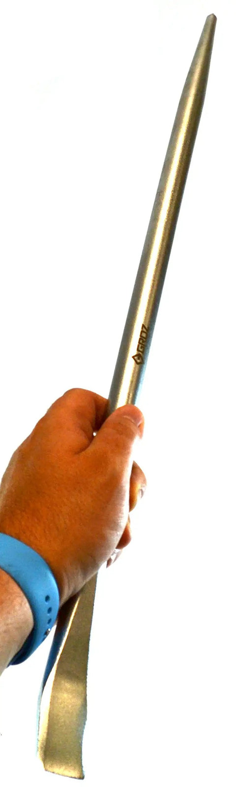 Hand holding Aligning Pry Bar With Tapered Drift Point For Quick Hole Alignment, Forged Carbon Steel Shank, Three Quarters Inch.