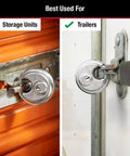 Stainless Steel Discus Padlock With Key Two And Three Quarter Inch Wide 40DPF installed on storage unit and trailer for security.