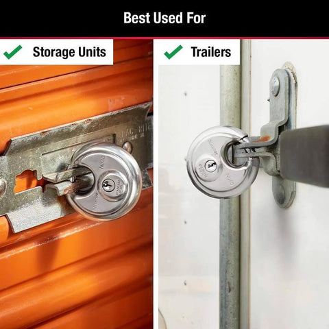 Stainless Steel Discus Padlock With Key Two And Three Quarter Inch Wide 40DPF installed on storage unit and trailer for security.