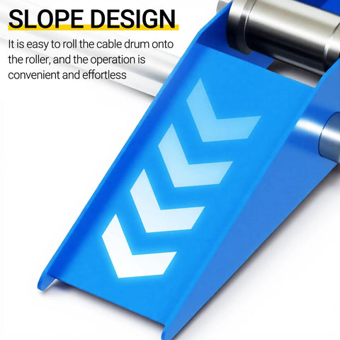 Slope design detail of Workhorse Heavy Duty Cable Drum Roller And Wire Unwinder Dispenser, blue with arrows, industrial use.