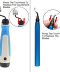 Front and side views of Acrux7 hand deburring tool with blue/white ergonomic handle and replaceable blades, including countersink blade.