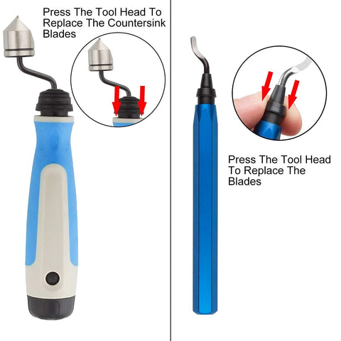 Front and side views of Acrux7 hand deburring tool with blue/white ergonomic handle and replaceable blades, including countersink blade.