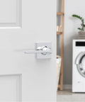 Interior Passage Door Lever Handle For Closet And Hallway Doors Nonlocking Reversible Chrome Finish Easy DIY Install on white door