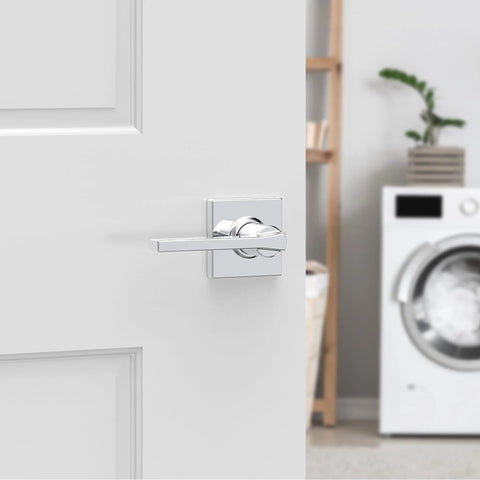 Interior Passage Door Lever Handle For Closet And Hallway Doors Nonlocking Reversible Chrome Finish Easy DIY Install on white door