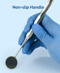 Pro Grade Autoclavable Stainless Steel Dental Mouth Mirror No 5 With Hollow Handle And Ergonomic Grip One Pack Clinically Durable Tool For Exams And Procedures in gloved hand