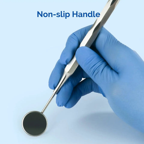 Pro Grade Autoclavable Stainless Steel Dental Mouth Mirror No 5 With Hollow Handle And Ergonomic Grip One Pack Clinically Durable Tool For Exams And Procedures in gloved hand