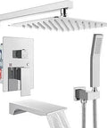 All Metal Shower System With Tub Spout And 10 Inch Rain Shower Head, Wall Mounted Waterfall Tub Shower Faucet Set, 3 Function Rough In Valve And Trim Included, Polished Chrome Finish, Easy Install For Modern Bathrooms