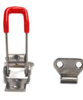 Heavy Duty Stainless Steel Toggle Latch Catch With Quick Clamping Hasp For Cabinets, Toolboxes and Doors Offers Effortless One Hand Operation And Secure Grip For Daily Hustle. stainless steel latch with red handle and mounting plate