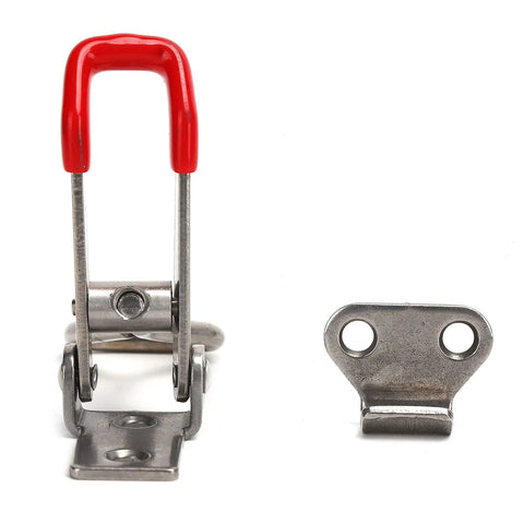 Heavy Duty Stainless Steel Toggle Latch Catch With Quick Clamping Hasp For Cabinets, Toolboxes and Doors Offers Effortless One Hand Operation And Secure Grip For Daily Hustle. stainless steel latch with red handle and mounting plate