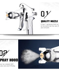 Heavy Duty Pneumatic Paint Sprayer With 400Ml Alloy Hopper adjustable nozzle close-up, showing fine mist spray pattern.